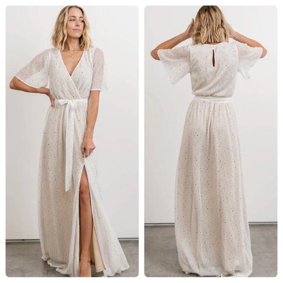 NWT Baltic Born Grace Sparkle Gown in White & Gold Faux Wrap Full Length Size L - Picture 1 of 11